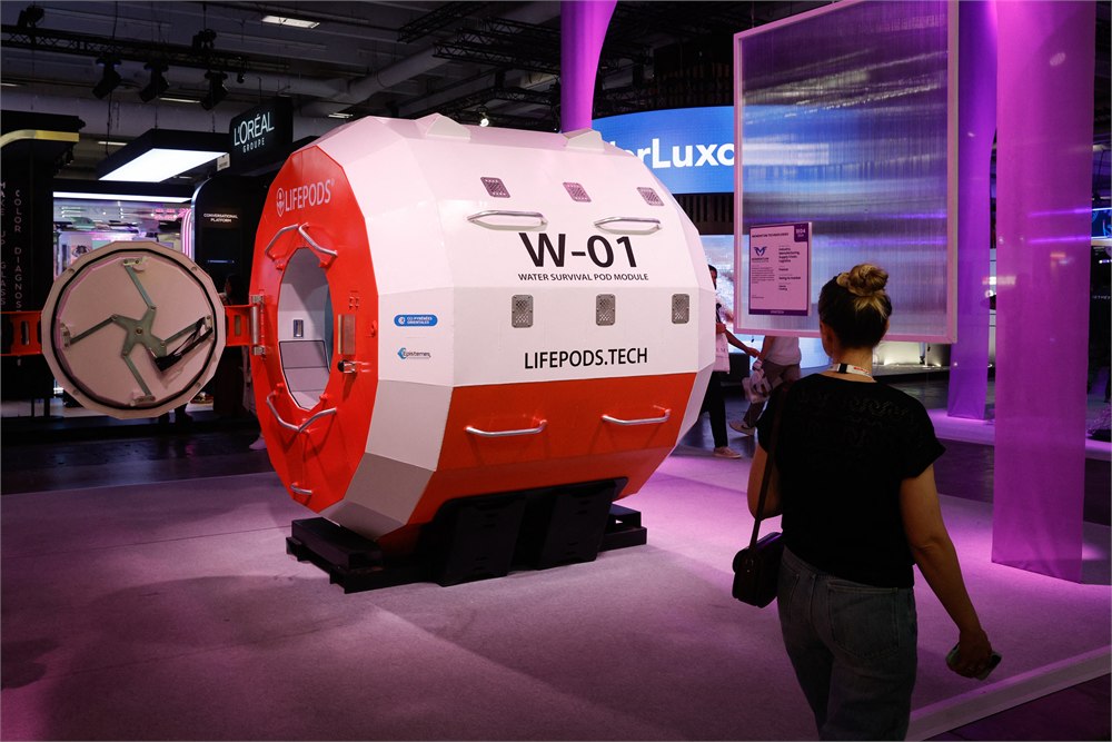 LifePods W01 floating survival capsule displayed at a technology trade show