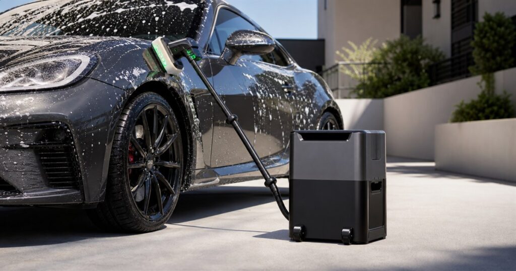 LINYO H1 cordless car wash box washing a car in a driveway
