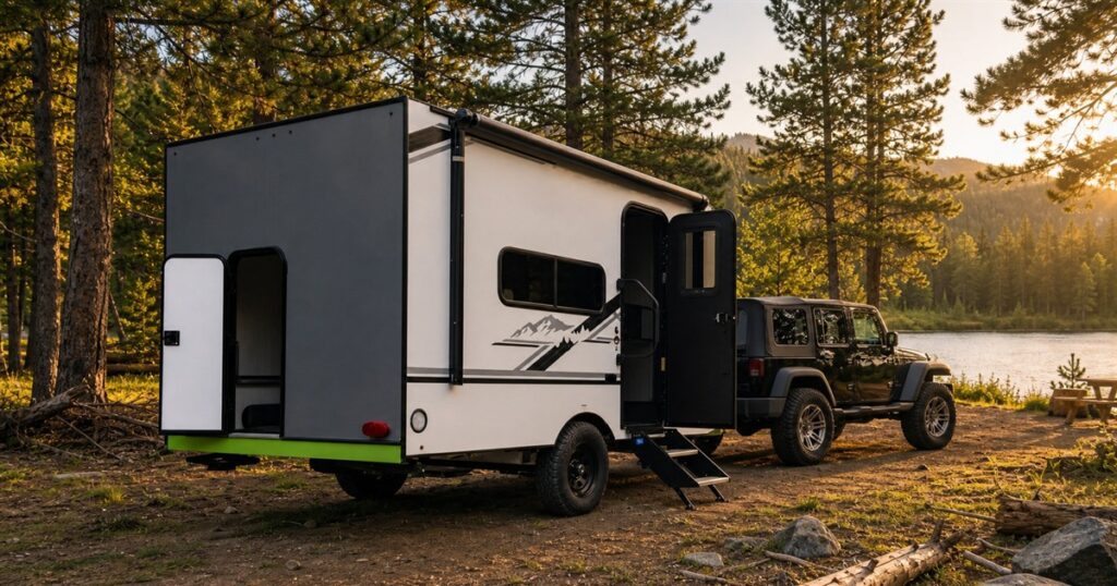 LIV E-Leaf OffRoad electric camper trailer at a forest campsite