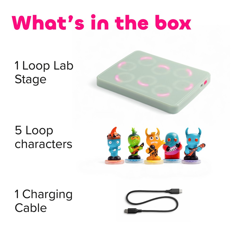 Loops Lab starter set contents with stage figurines and charging cable
