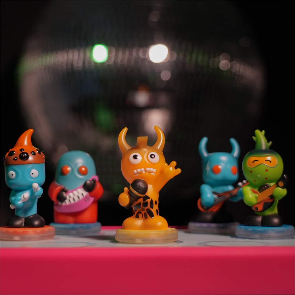 Lax Funkers figurines glowing on the Loops Lab responsive stage