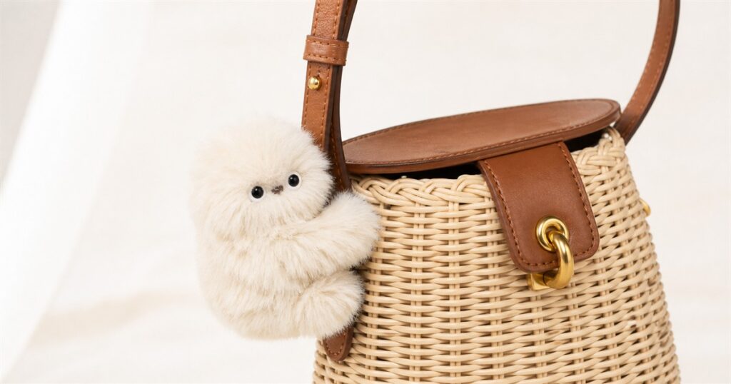 Furry Mirumi bag-charm robot hugging a woven handbag strap