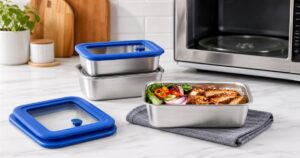 Misenware-style stainless food containers with blue lids on a kitchen counter