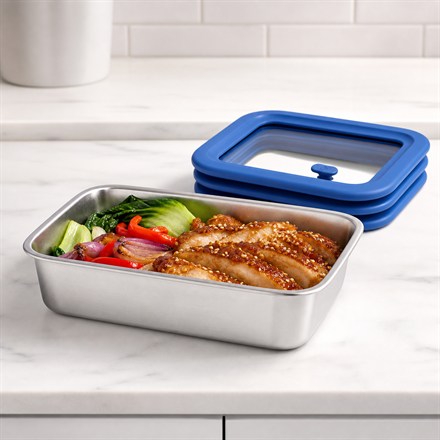 Square thumbnail of stainless food container with blue lid