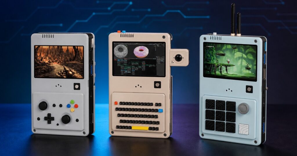 Mogozen CG Deck modular handheld PC shown with keyboard, gamepad, and knob modules