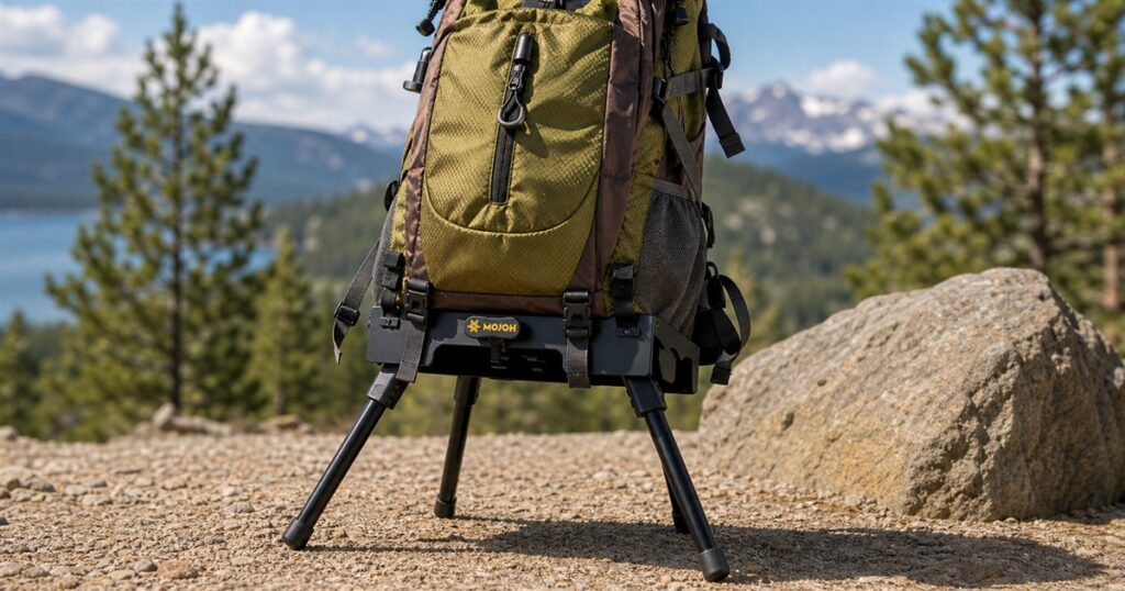 Mojoh Ryzer Go universal bag stand holding a backpack off the ground
