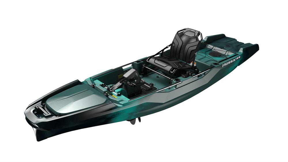 VoyaX MOSSA 128 electric fishing kayak shown from the port side