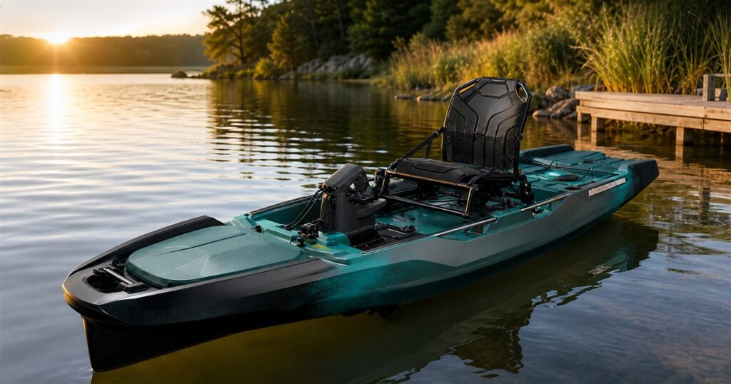 Teal electric fishing kayak floating on a calm lake near shore