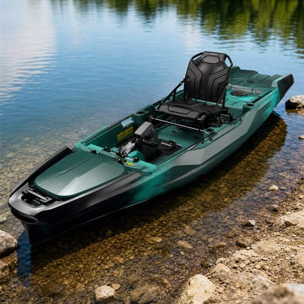 Square thumbnail of a teal electric fishing kayak on shallow water