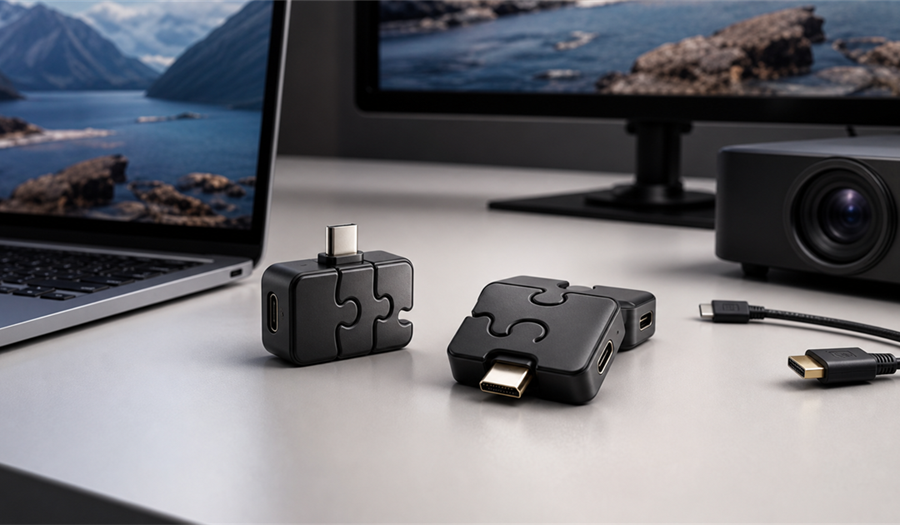 MouseArc G1 wireless transmitter and receiver shown between a laptop and display
