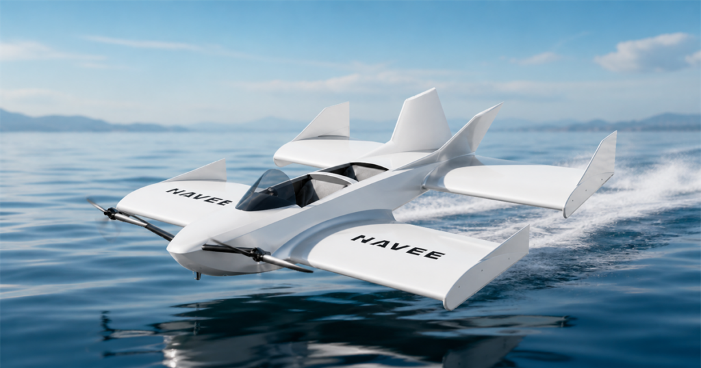 NAVEE WaveFly 5X wing-in-ground watercraft skimming above calm water