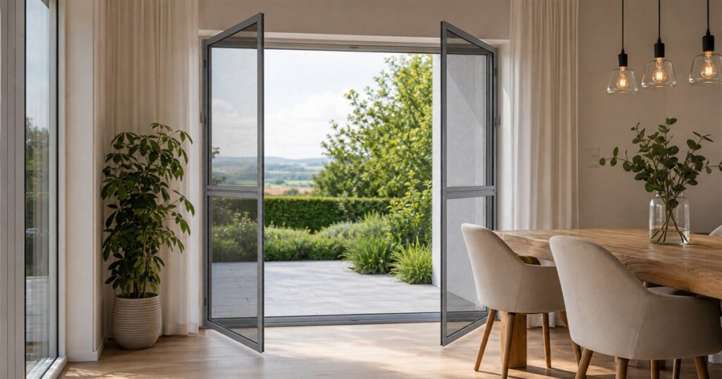 Neher double-swing self-closing screen door installed at a patio doorway