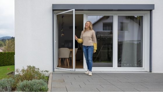 Neher swing screen door without center sash bar at a patio doorway