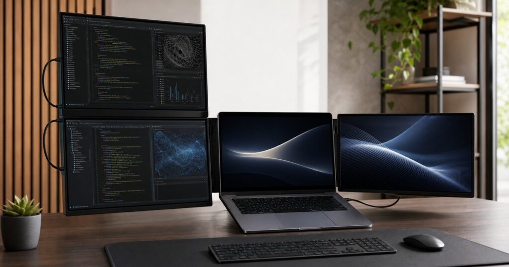 NexFold Fold7 inverted-L triple monitor setup around a laptop