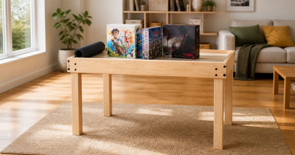 Light wood Nilo Game Table with board games in a living room
