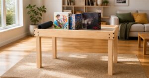 Light wood Nilo Game Table with board games in a living room
