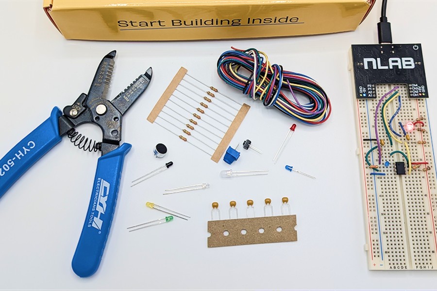 Electronics components and jumper wires from the nLab starter kit