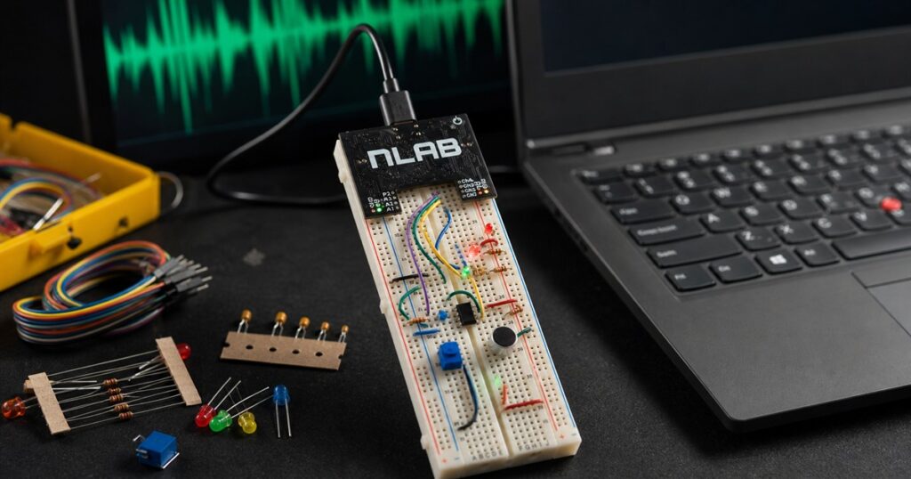 nLab electronics lab on a breadboard beside a laptop