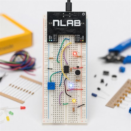 nLab board mounted on a breadboard with colorful wires