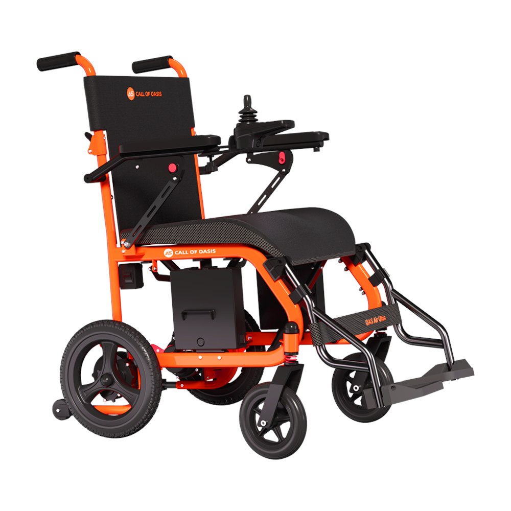OAS Air Ultra folding electric wheelchair in orange with black seat and joystick