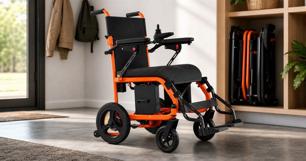 OAS Air Ultra folding electric wheelchair in a clean home entryway