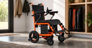 OAS Air Ultra folding electric wheelchair in a clean home entryway