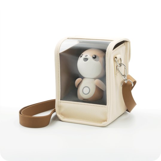 Poketomo robot inside its carrying bag accessory