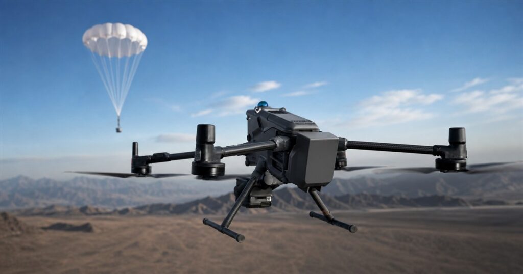 DJI AP100 automatic parachute mounted on a Matrice 400 enterprise drone