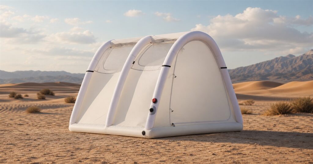 Generated no-text editorial image of the Puffer inflatable tent in a desert campsite