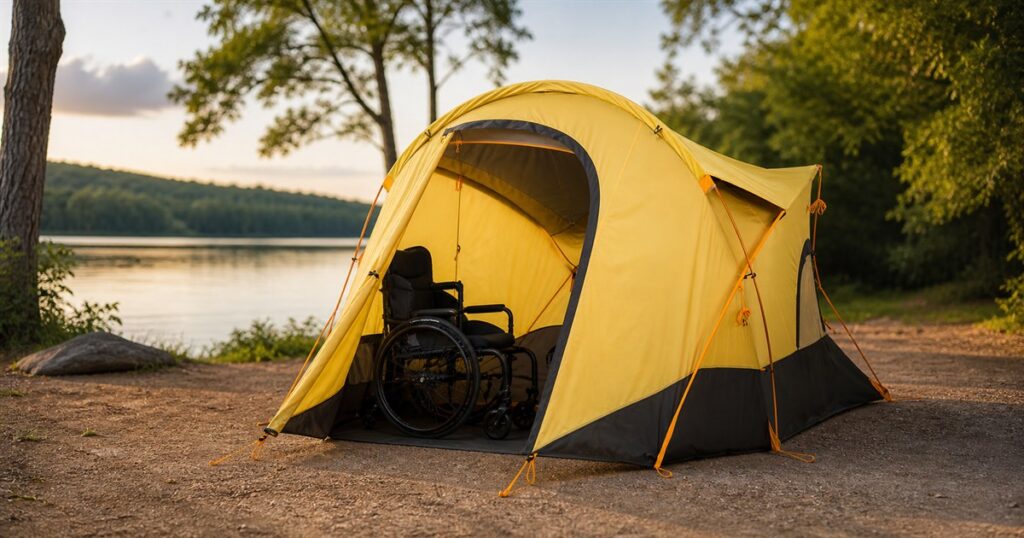 Generated no-text image of the Universal Wawona 3 accessible camping tent at a campsite