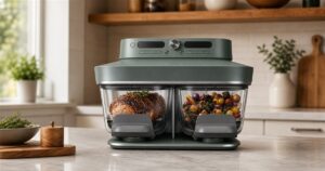 Ninja CRISPi DualZone glass air fryer on a kitchen counter