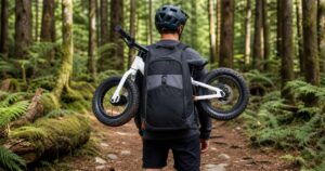 Generated product image of the Uplift backpack carrying a balance bike on a forest trail