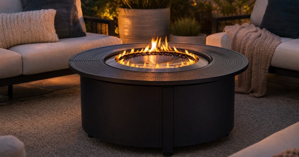 Generated no-text image of the Solo Stove Infinity Flame propane fire pit on a patio
