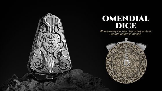 OMENDIAL DICE mechanical spinner die with ornate metal housing and circular dial