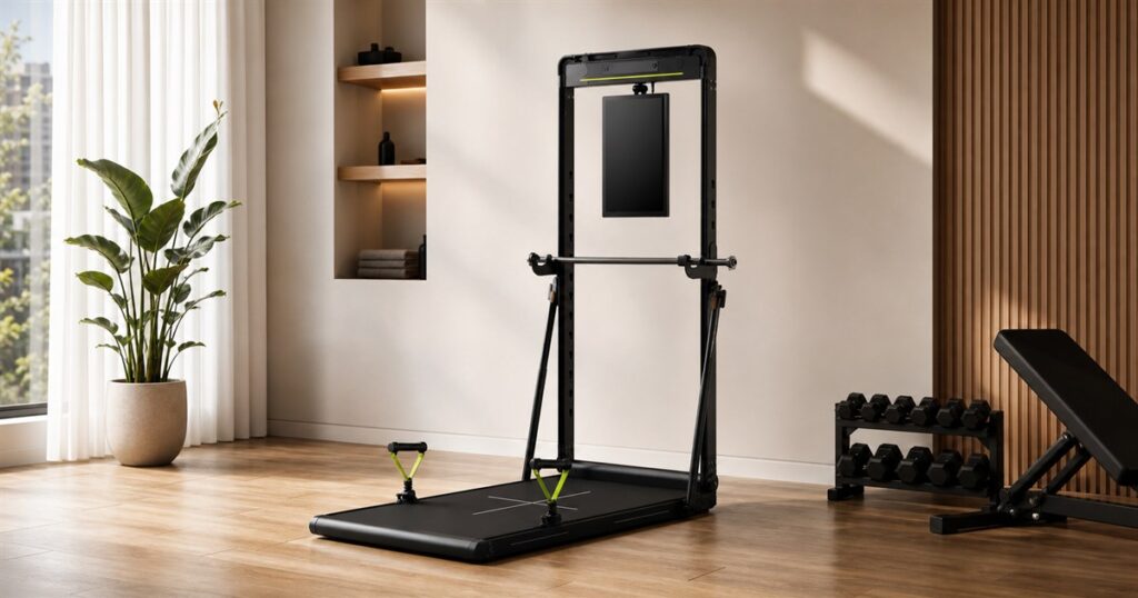 Generated no-text editorial image of the INNODIGYM OMNI X1 folding smart home gym