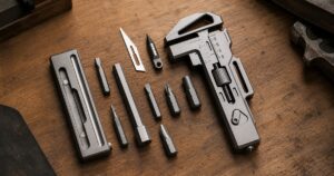 OmniPro Wrench 3.0 titanium multi-tool wrench system arranged on a workbench