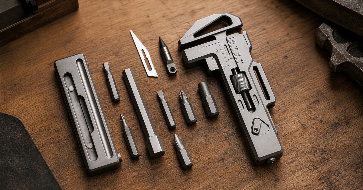 OmniPro Wrench 3.0 titanium multi-tool wrench system arranged on a workbench