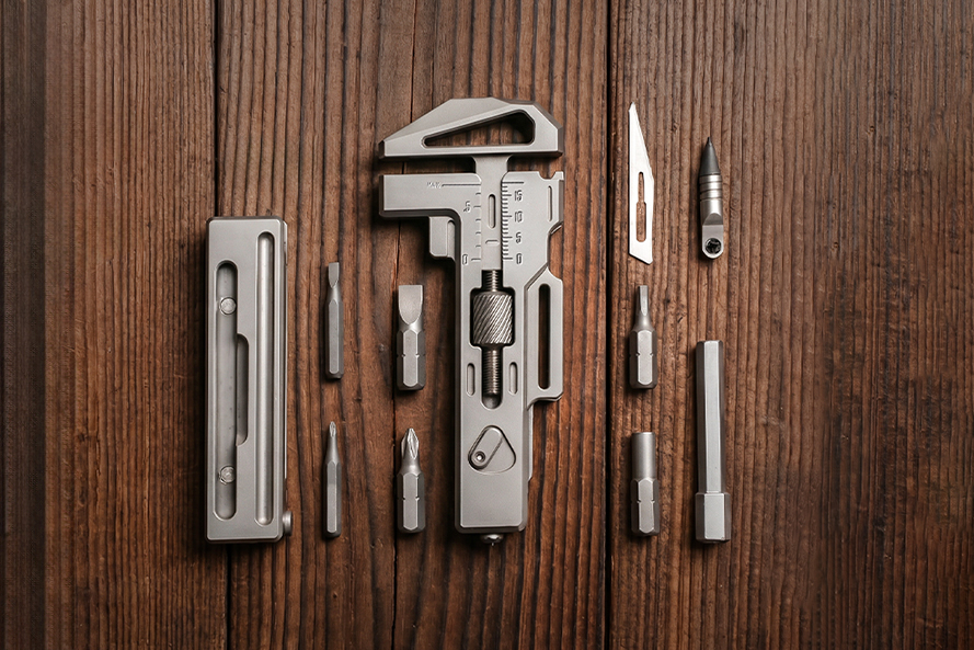 OmniPro Wrench 3.0 with driver bits and accessories laid out on wood