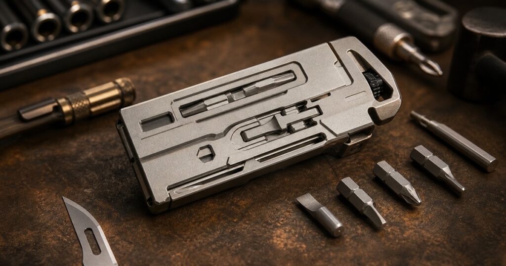 Titanium multitool wrench with bit accessories on a workshop table