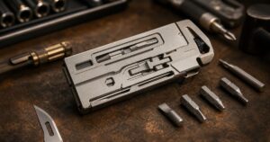 Titanium multitool wrench with bit accessories on a workshop table