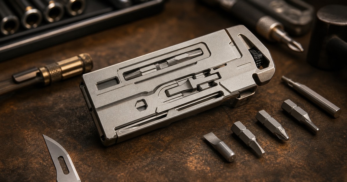 Titanium multitool wrench with bit accessories on a workshop table