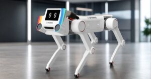 OpenMind Quadruped robot dog in a modern robotics showroom