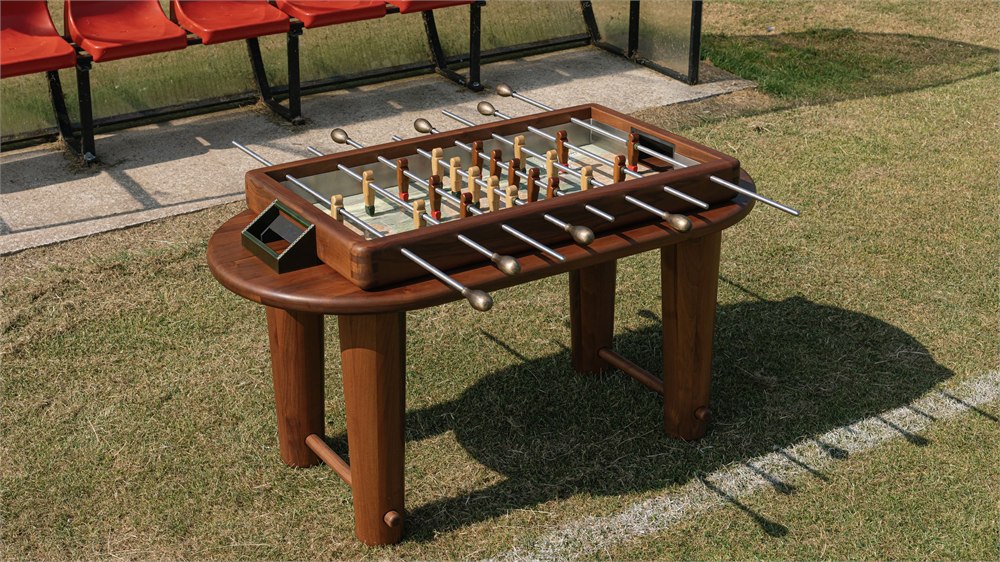 Wide view of the Orior walnut and marble foosball table