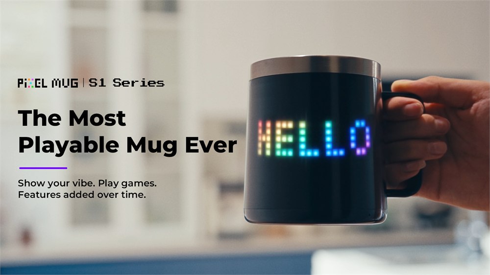 PixelMug S1 Series campaign image showing the smart mug in use