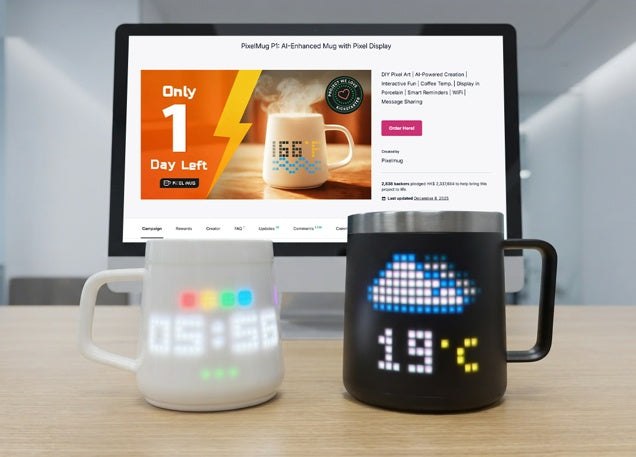 PixelMug smart mugs shown with a campaign page in the background