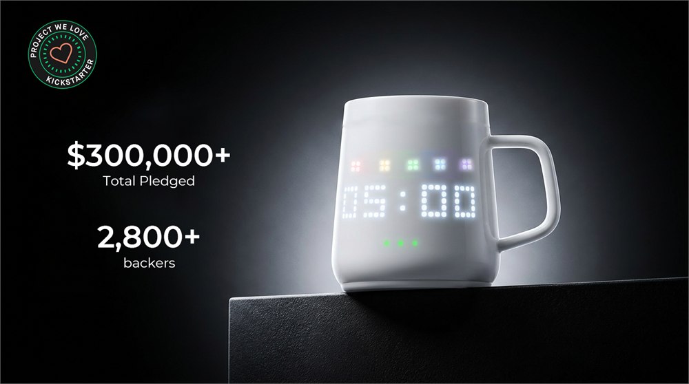 White PixelMug S1 campaign image showing the glowing pixel display