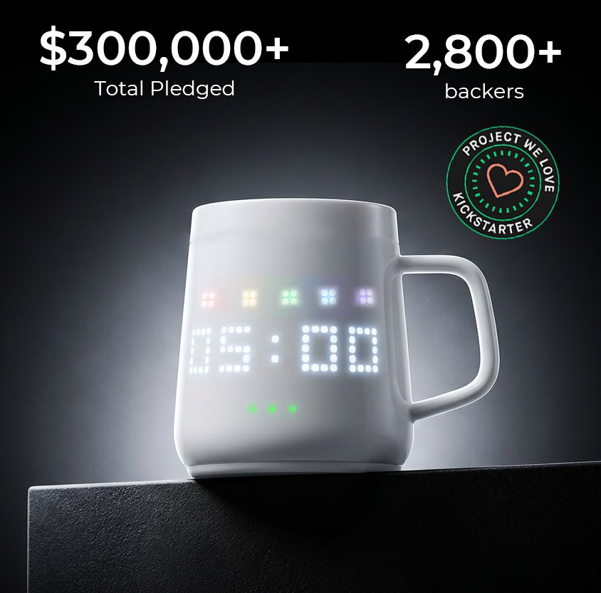 PixelMug S1 campaign image with the white smart mug and glowing display