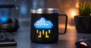 No-text editorial image of the PixelMug S1 smart pixel mug