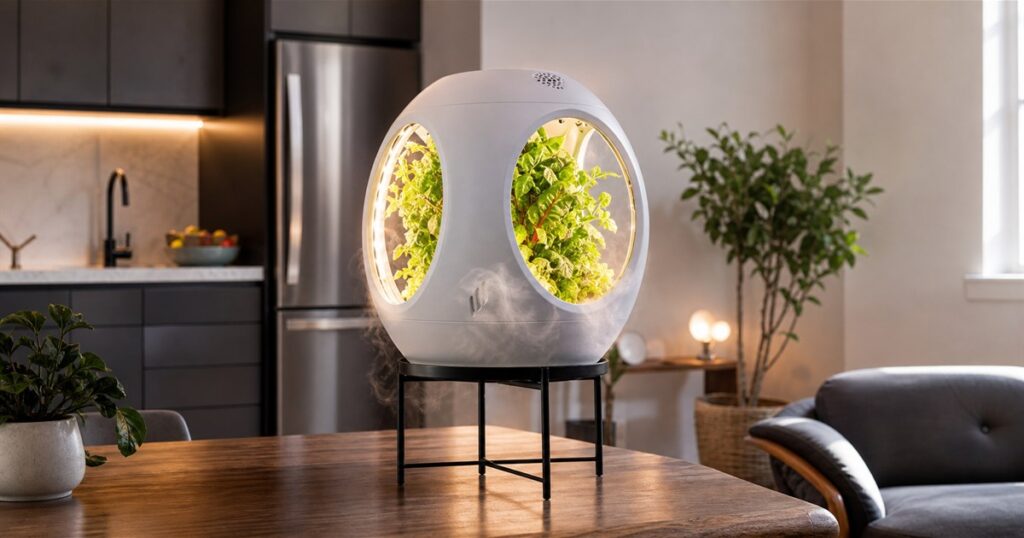 Plantaform fog-powered smart indoor garden glowing in a modern kitchen living space
