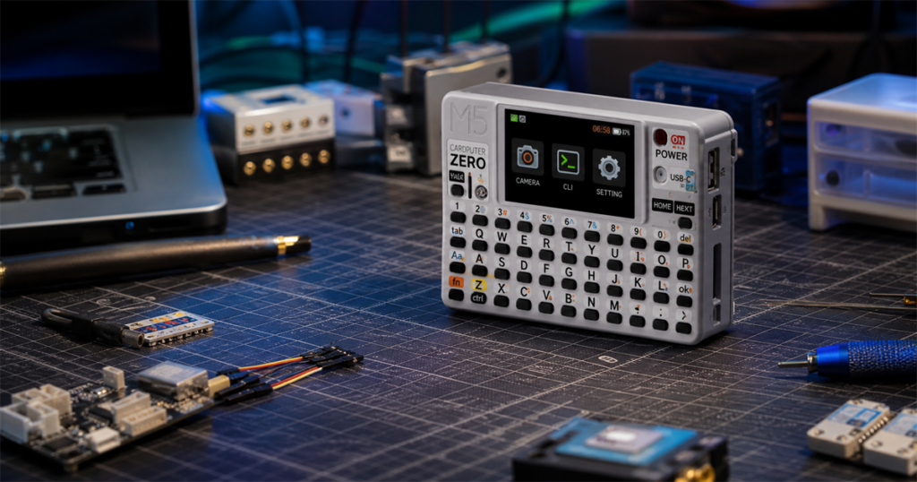 CardputerZero pocket Raspberry Pi computer on a maker workbench